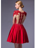 Short Sleeves Beaded Red Lace Satin Vintage Evening Dress